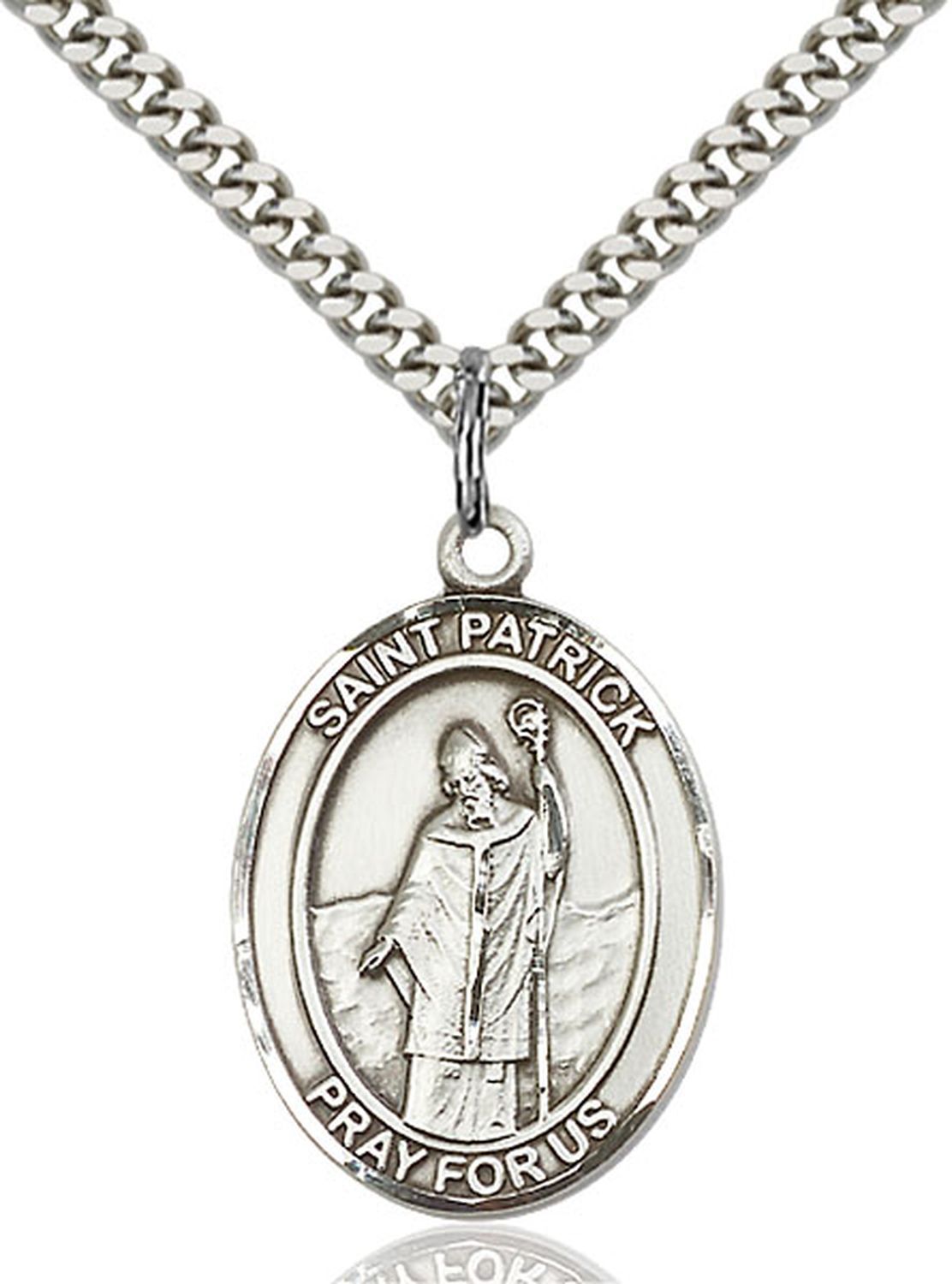 Sterling Silver St Saint Patrick Medal Pendant Necklace 24” Chain w/ Gift Box