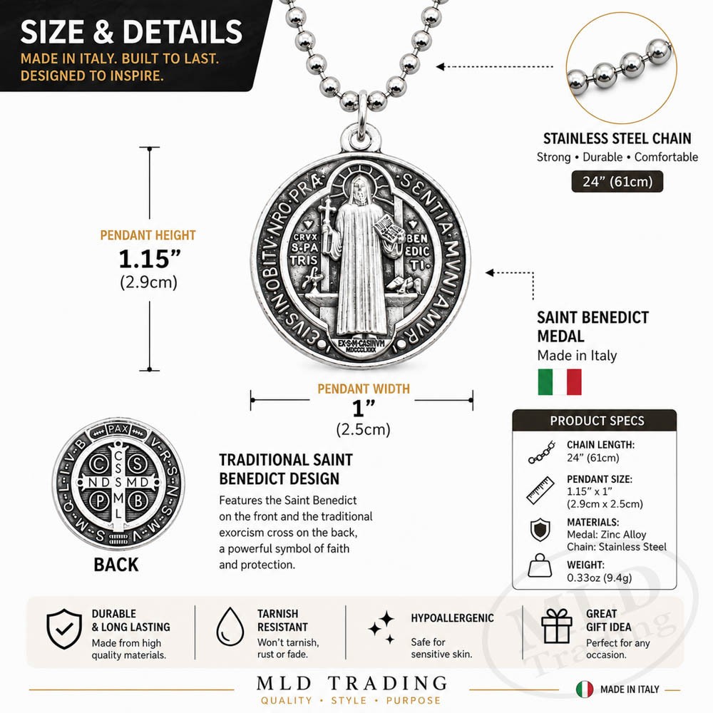 Made in Italy Saint St Benedict Medal Necklace 1″ Catholic Zinc Alloy Pendant