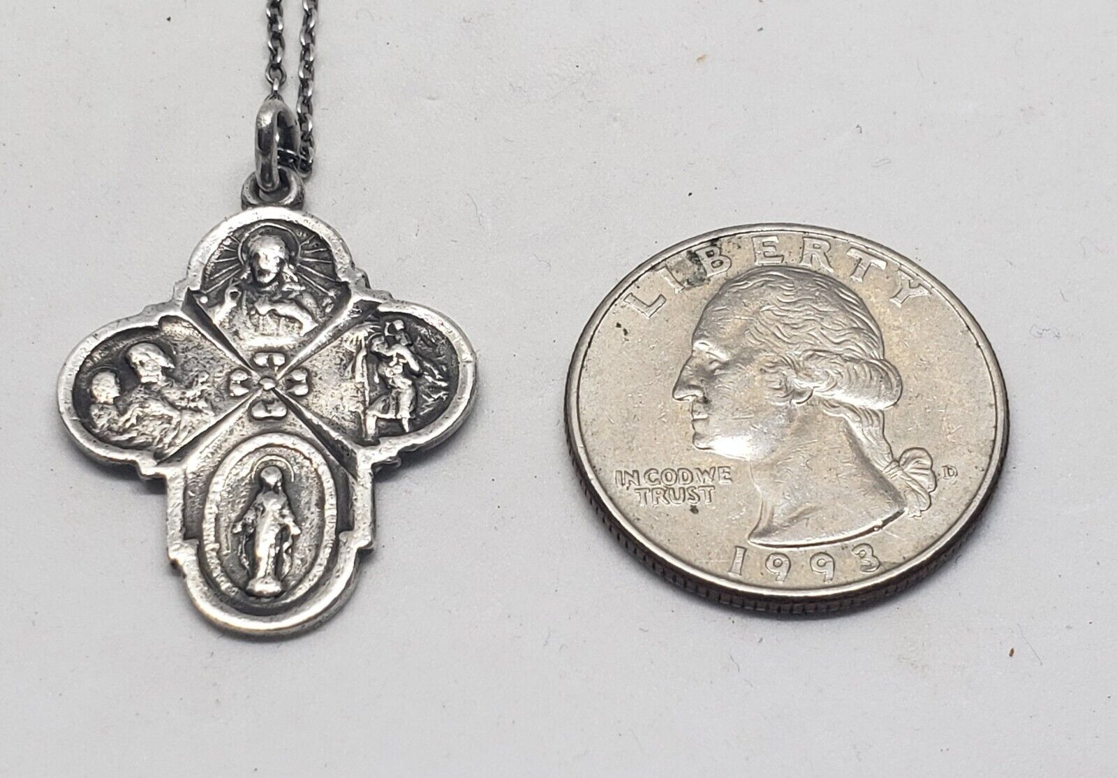 Vintage Sterling Silver Multi-Saint Scapular Medal + 18″ Neckchain