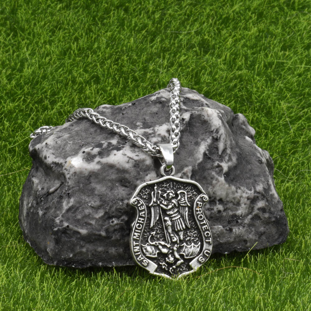 Archangel Saint St Michael Protect Us Medal Shield Pendant Necklace w 20″ Chain