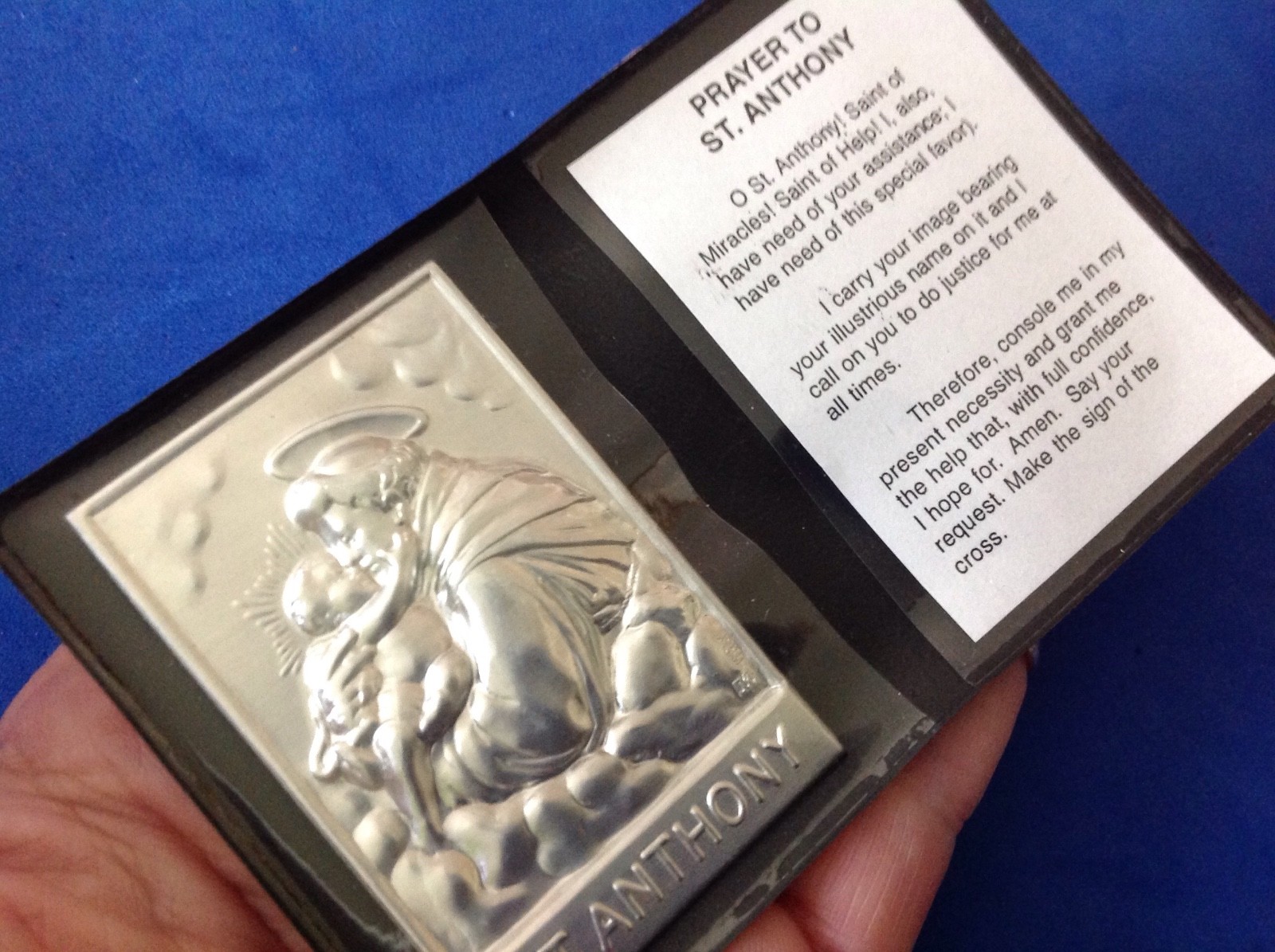 St ANTHONY Silver Metal Saint Plaque Folder Pocket Catholic SHRINE PRAYER