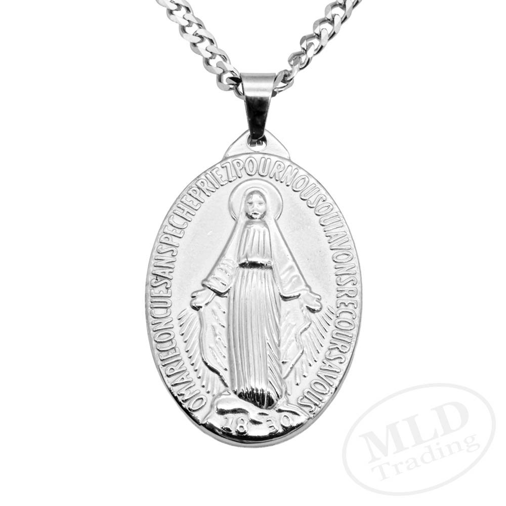 Stainless Steel St Mary Miraculous Medal Pendant Necklace – 1-3/4″, 24” Chain