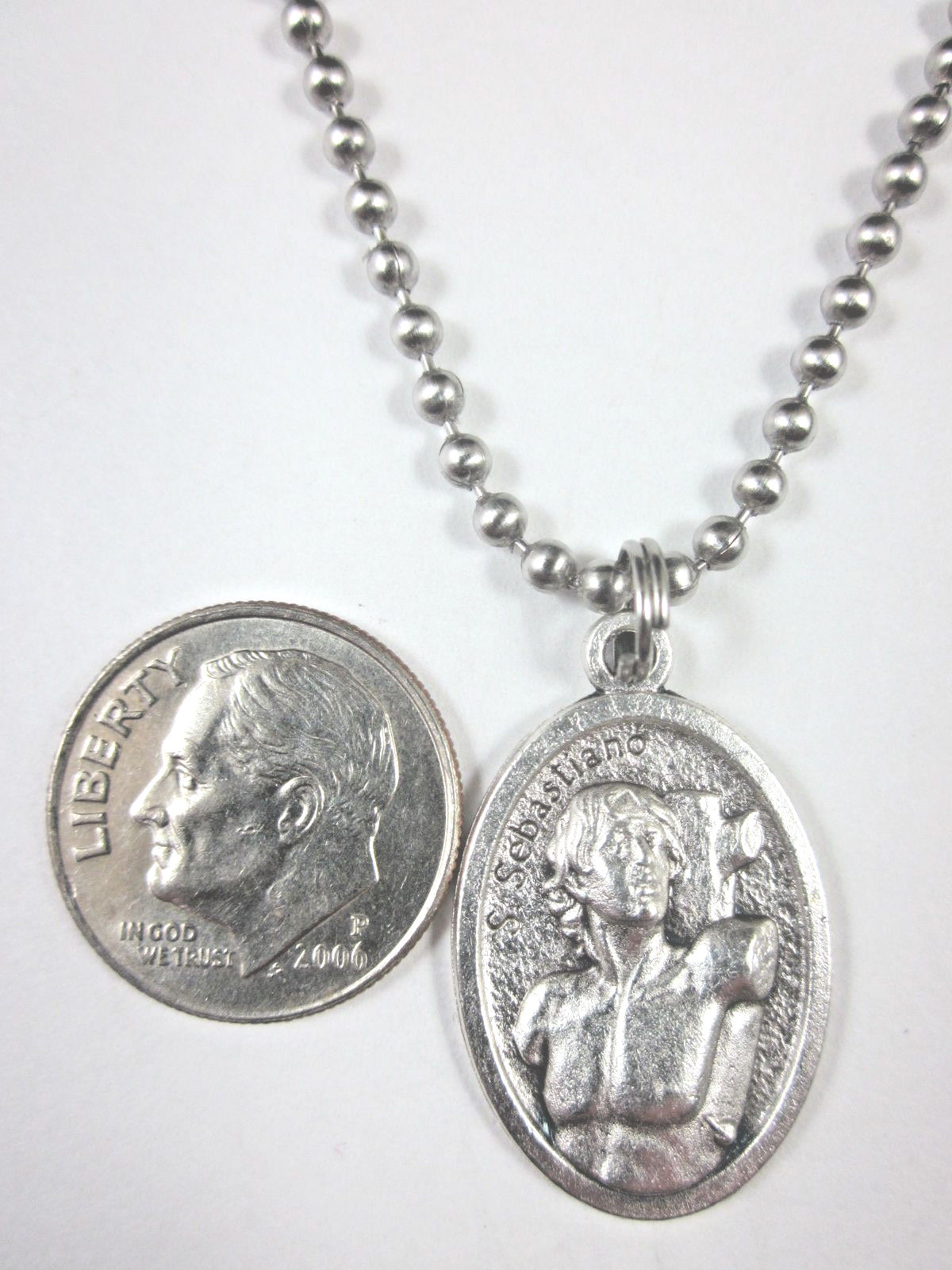 St Sebastian Medal Italy Pendant Necklace 24″ Ball Chain Gift Box & Prayer Card