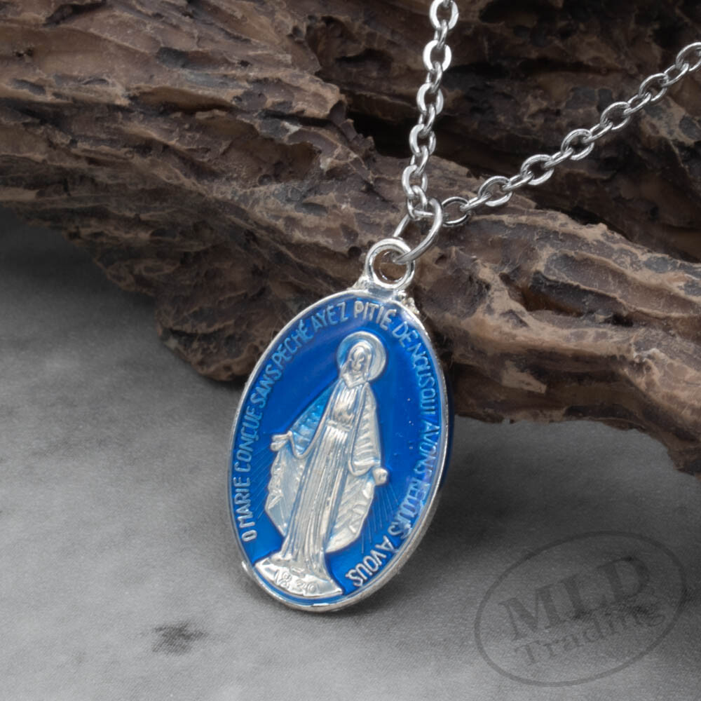 Stainless Steel Virgin Mary 1 Inch Blue Miraculous Medal Pendant Necklace Womens