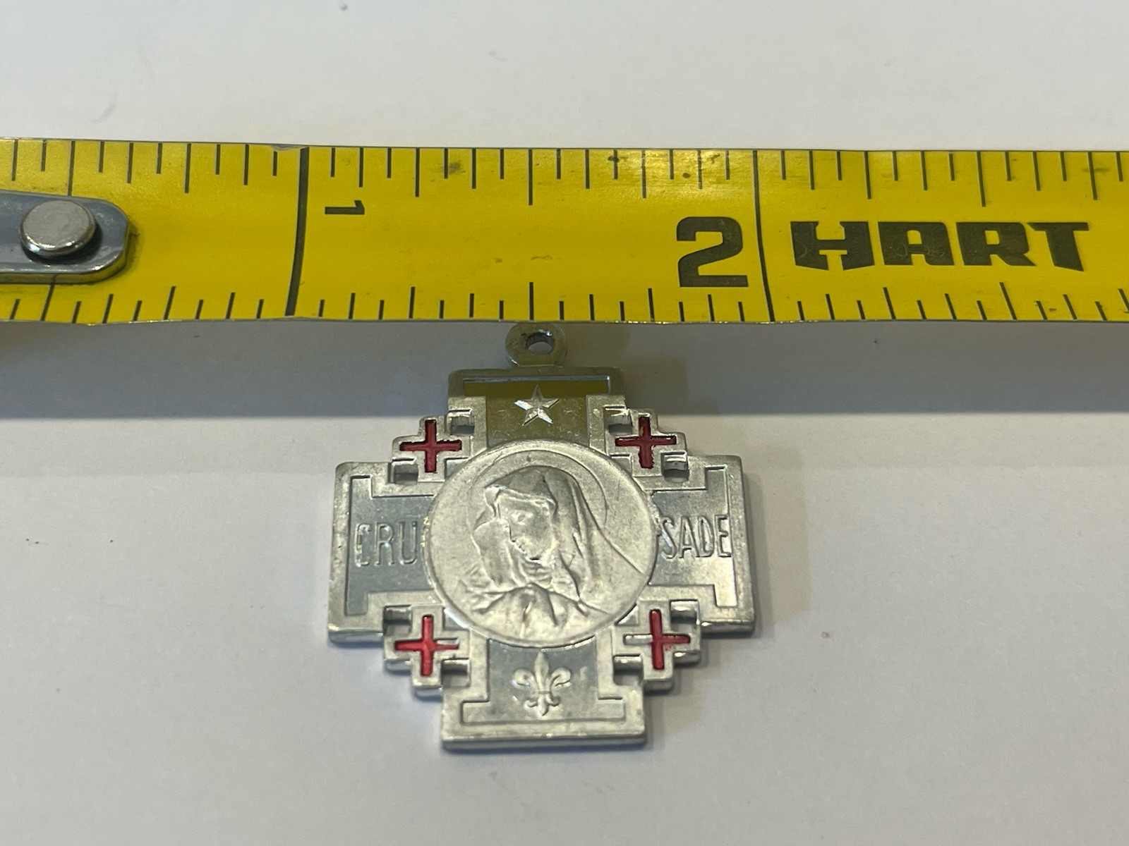 IHS Alpha Omega Silver Aluminum Catholic Cross Medal Red Enamel Crusade Chi-Rho