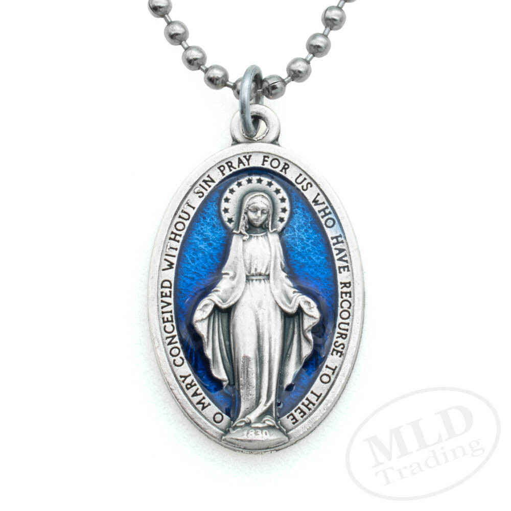 Miraculous Medal Necklace Catholic Virgin Mary 1.5″ Blue Pendant Made In Italy