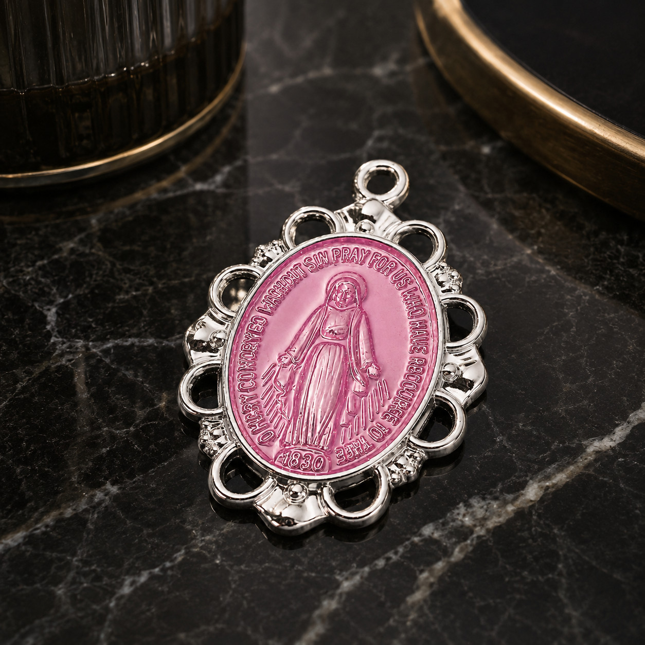 Sterling Silver Miraculous Pink Epoxy Medal Pendant w/ Adjustable 16-18″ Chain
