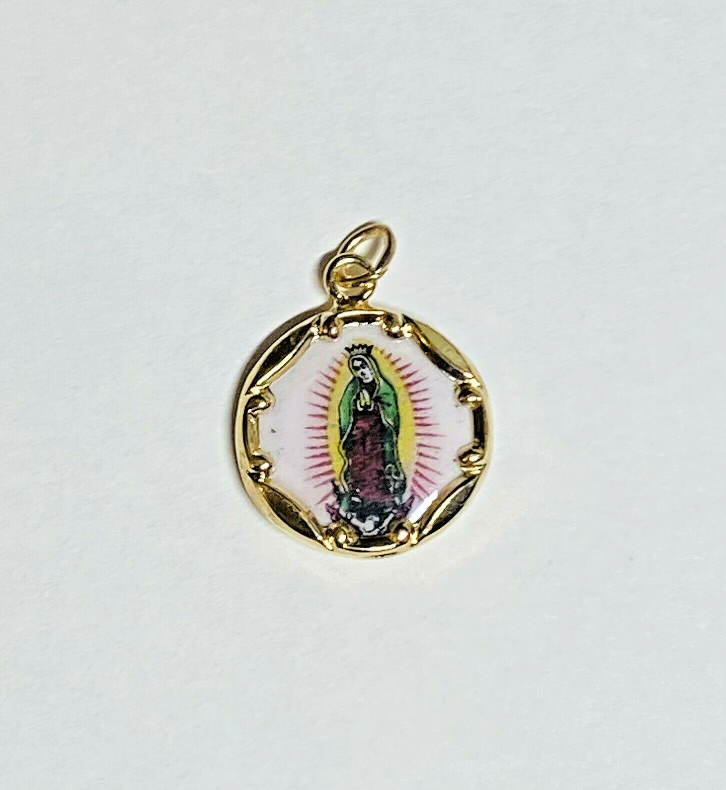 Vintage NOS 10K Yellow Gold Enameled Our Lady of Guadalupe 12.8mm Medal