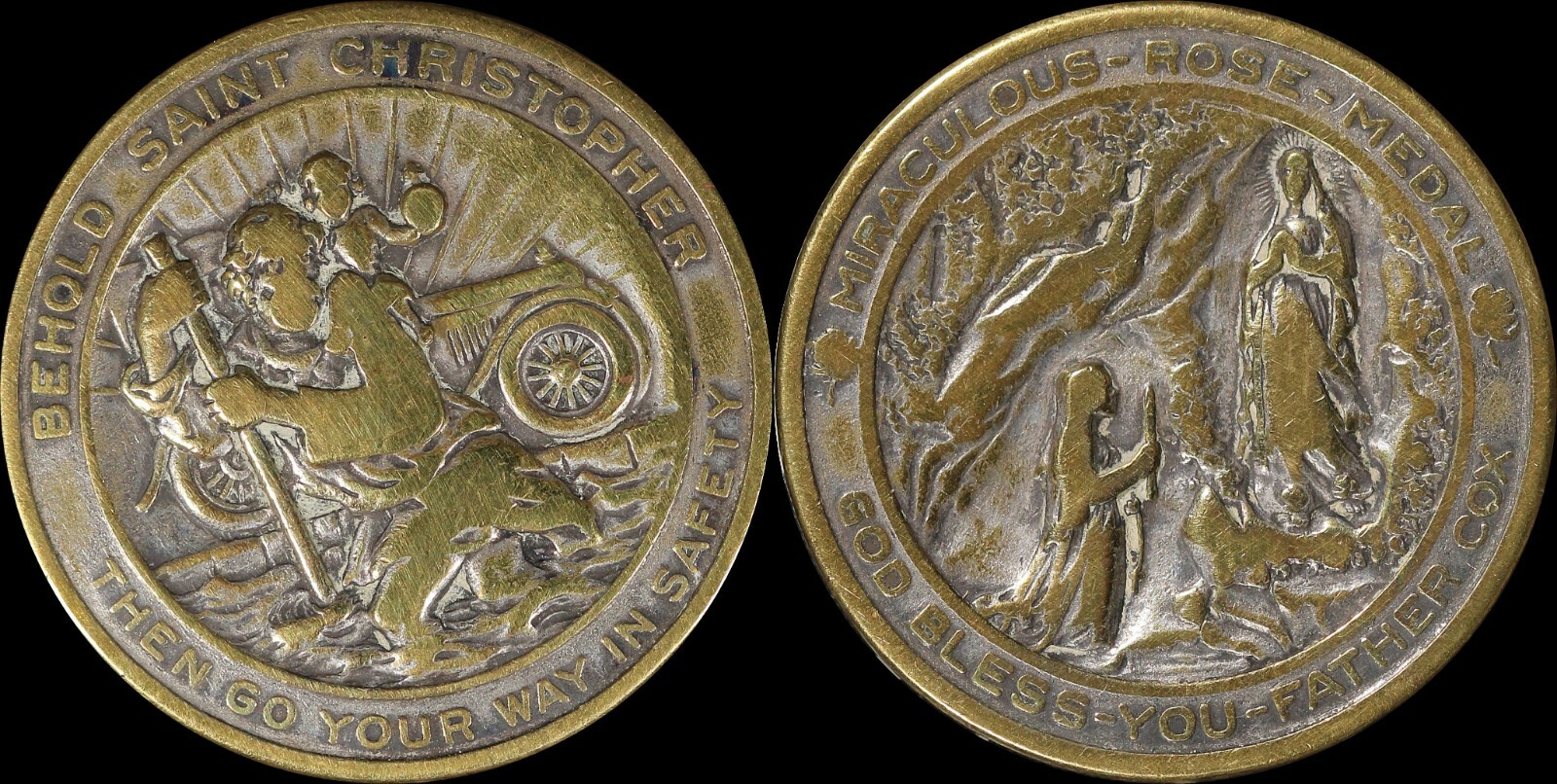 St Christopher Medal Father Cox Miraculous Rose Pocket Piece Low Ball Well Worn