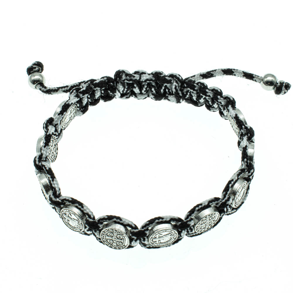 Black And Gray Saint St Benedict Bracelet 8″ Adjustable Cord 10 Silver Medals