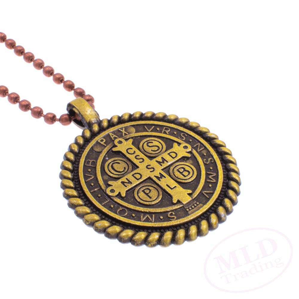 Knot Border Saint St Benedict Medal Pendant Necklace 24″ Ball Chain Gold Tone