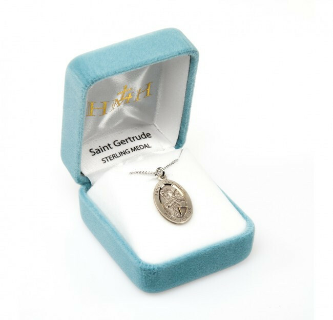 St. Gertrude Sterling Silver Oval 0.9″ Medal, Gift Box, 18″ Chain, US Made