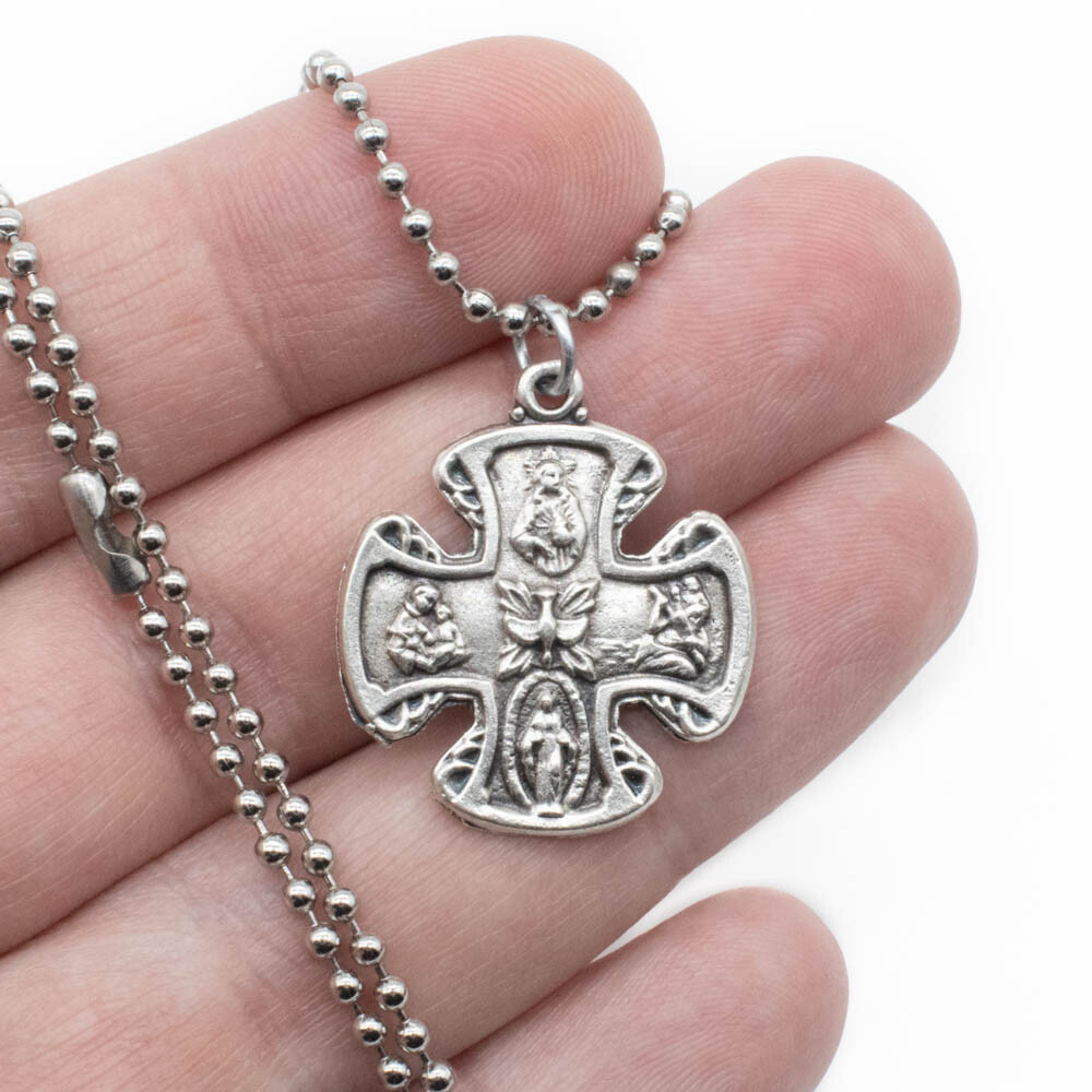 Four Way Catholic Cross Jesus 4-Way Medal Pendant Necklace Pewter Made In Italy