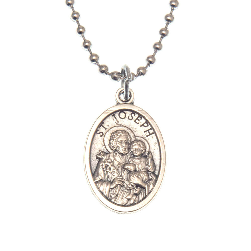 Patron Saint St Joseph Pray For Us 1″ Medal Pendant Necklace 24″ Chain Italy