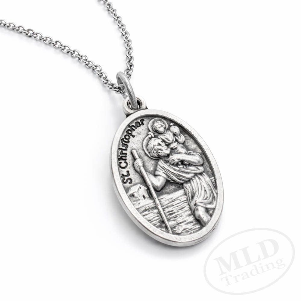 Saint St Christopher Protect Us Oval Silver Medal Pendant Necklace 18″ Chain