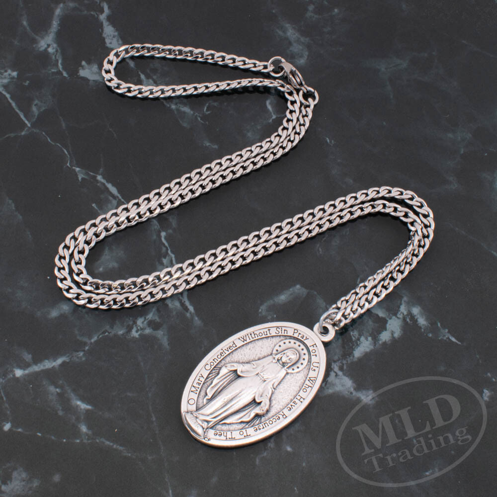 Authentic Italian Miraculous Medal Pendant Necklace w Stainless Steel Curb Chain