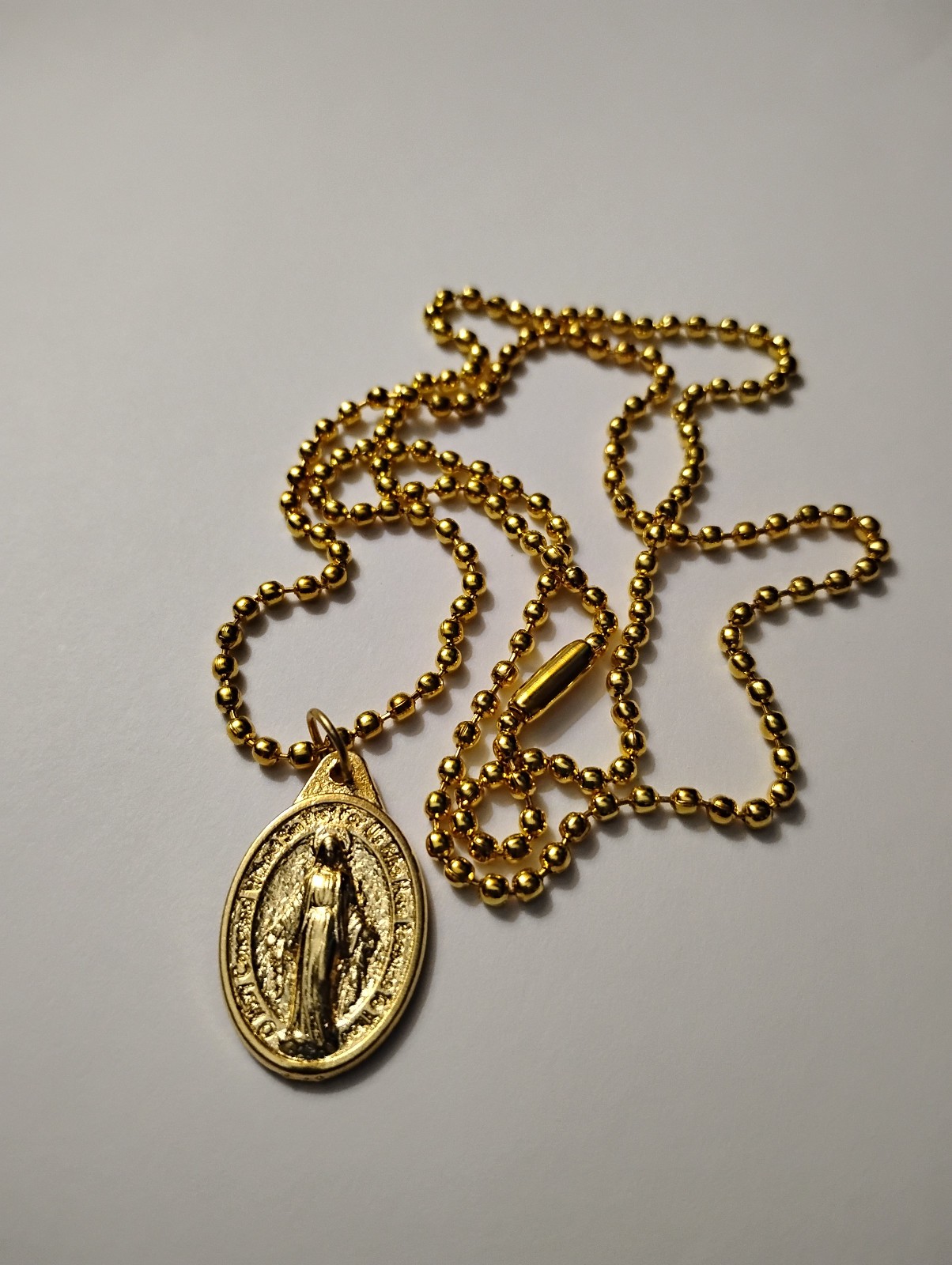 Gold Miraculous Medal Pendant Italy 24″ ball chain necklace + prayer card