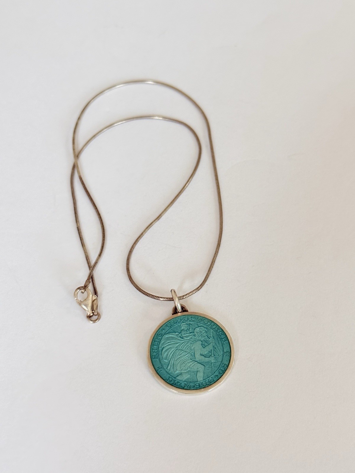 Charles Thomae St Christopher Sterling Silver Blue Enamel Medal Pendant Necklace