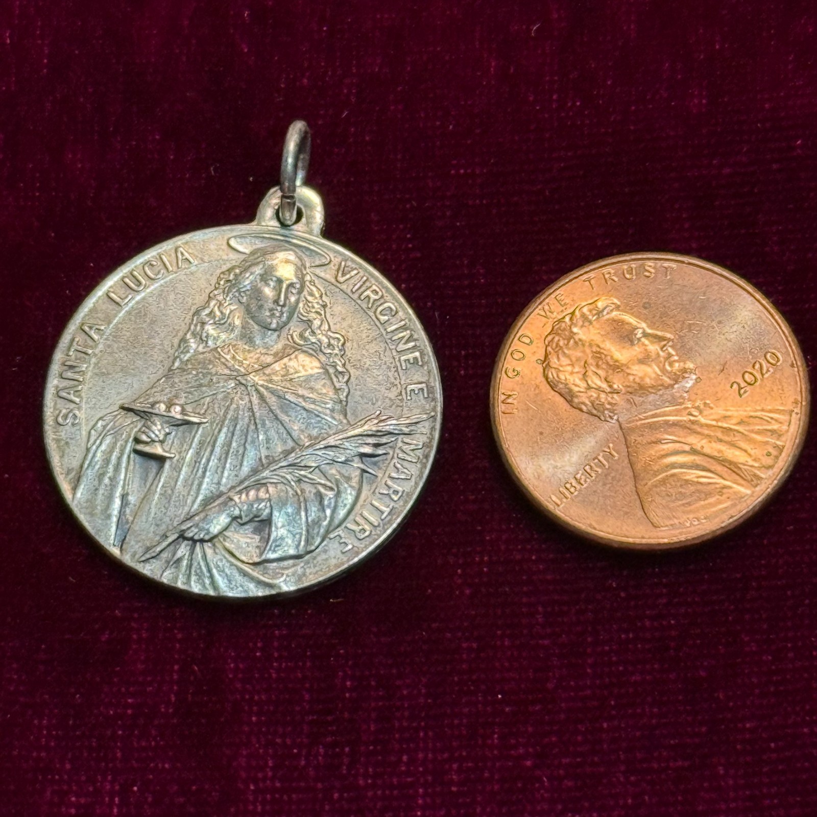Vintage Silver Saint Lucy Medal Pendant 1 Inch Religious Christianity Italy