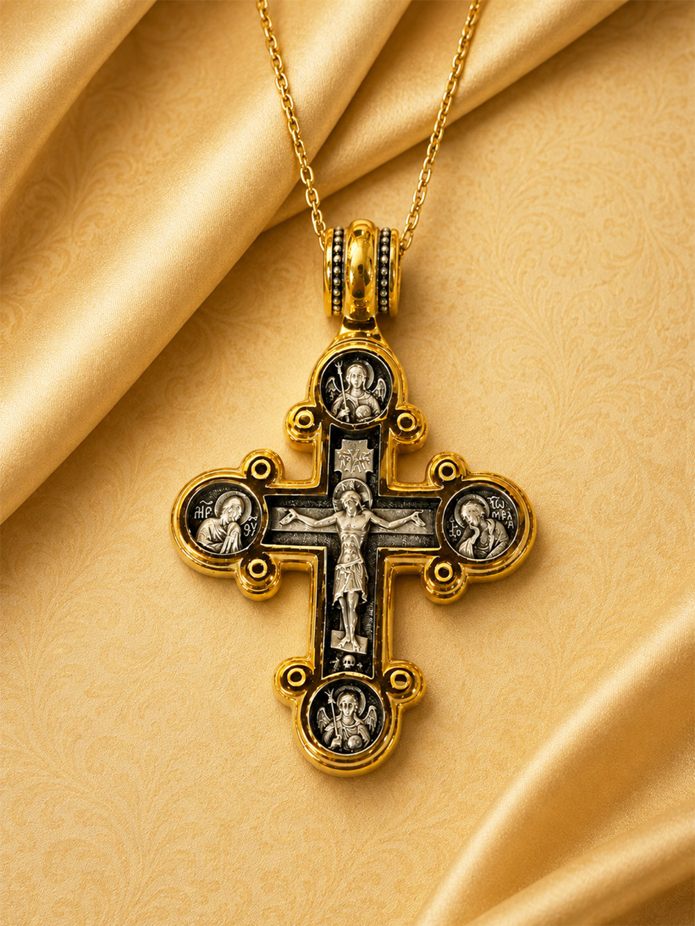Saint St Michael Gabriel Russian Protection Cross Pendant Gold Silver Crucifix