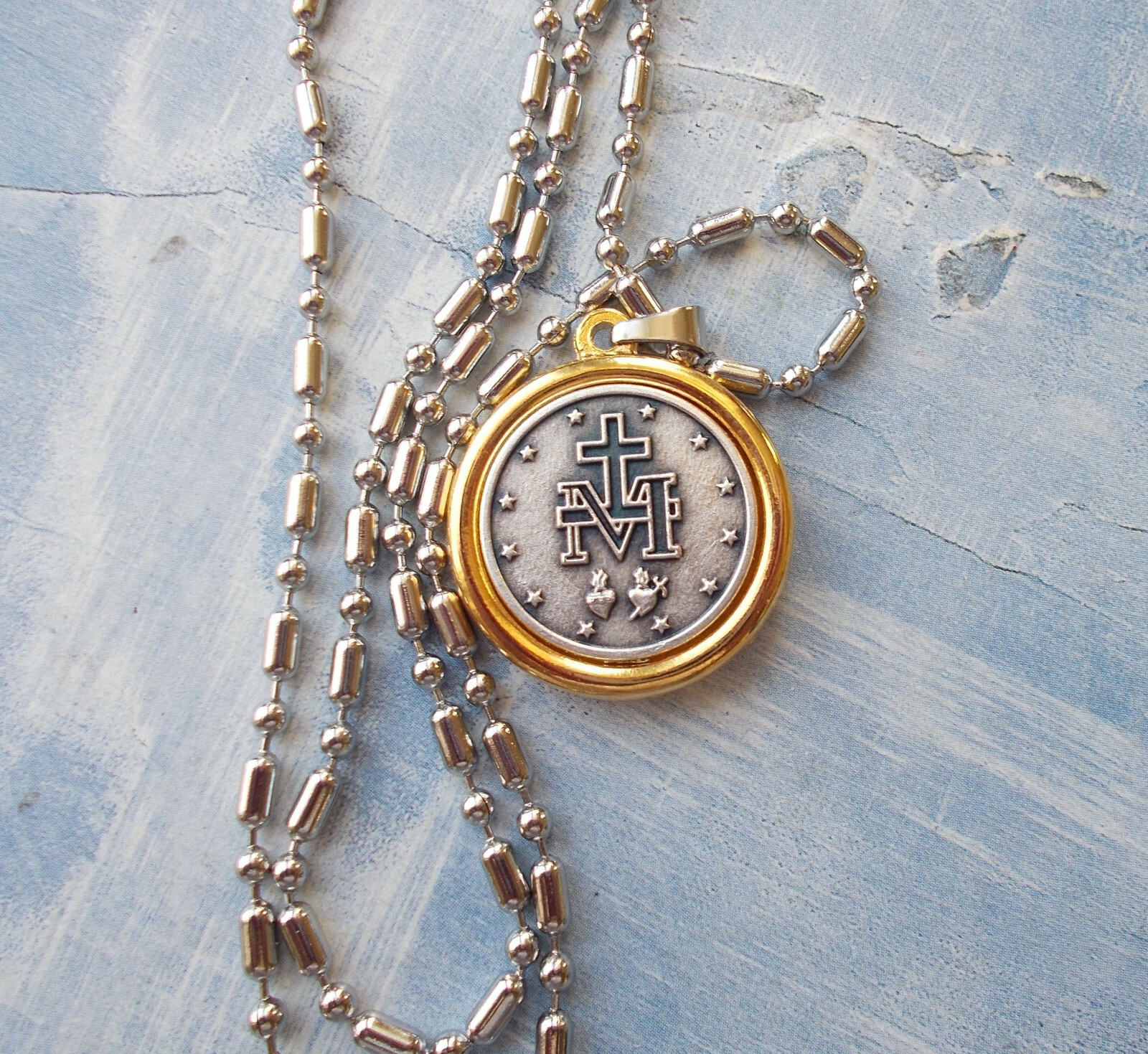 GORGEOUS Two tone Miraculous Medal pendant 1″ round~stainless steel chain~Italy