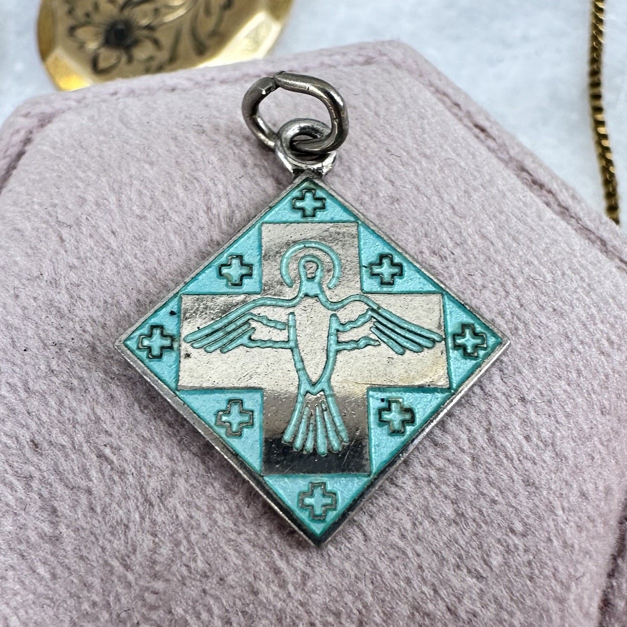 Holy Spirit Five Medal Silver Blue Enamel Pendant 1950s 60s Midcentury Pentecost
