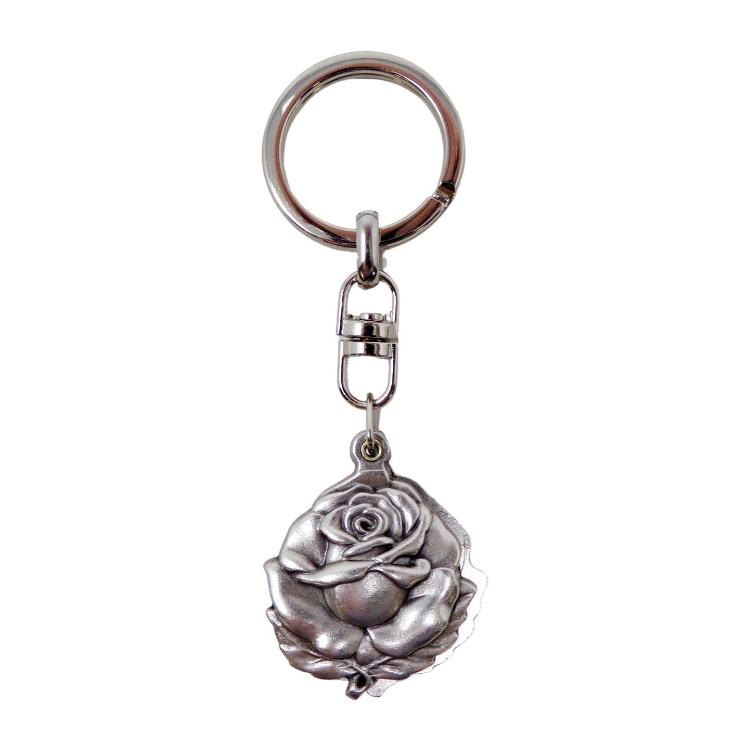 Silver Tone Sacred and Immaculate Hearts Epoxy Image Rosebud Key Chain 3 1/2 In