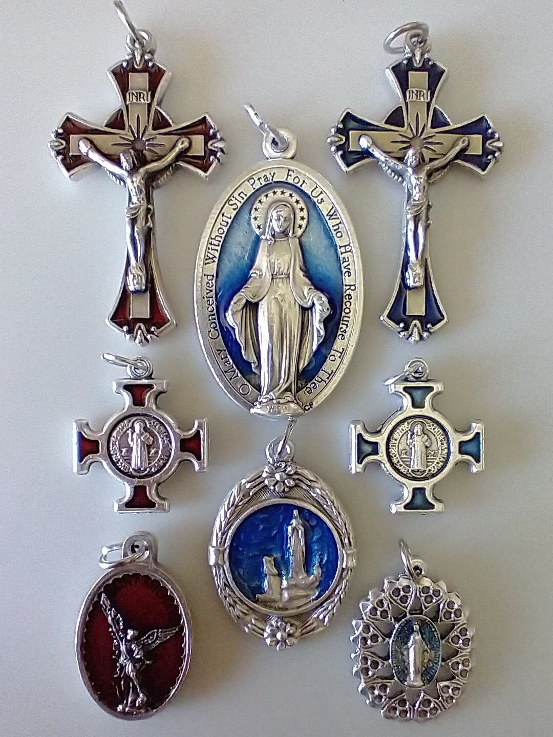 Catholic Lot Red Blue Enamel Miraculous Medal St Michael Benedict Lourdes Medals