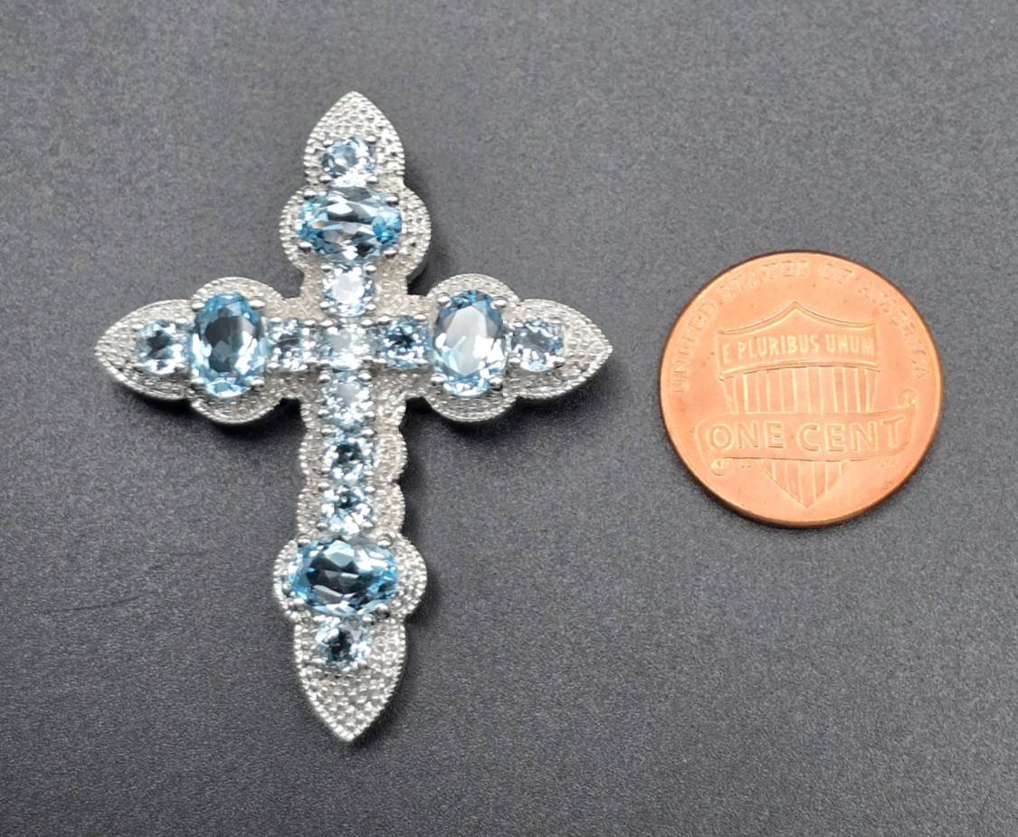 EA Sterling Silver (925) Cross Pendant w/ Faux Blue Topaz