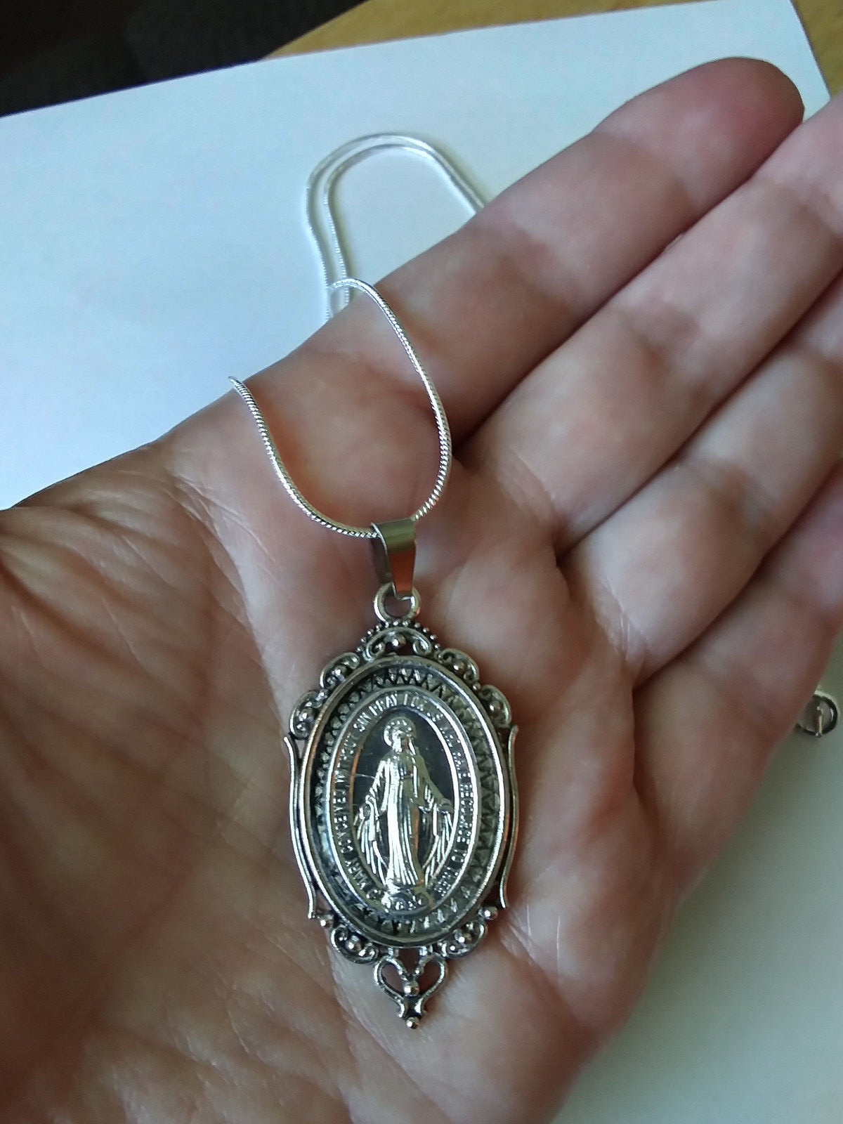 Silver Miraculous Medal Pendant Necklace 925 Sterling Snake Chain Unique OOAK!