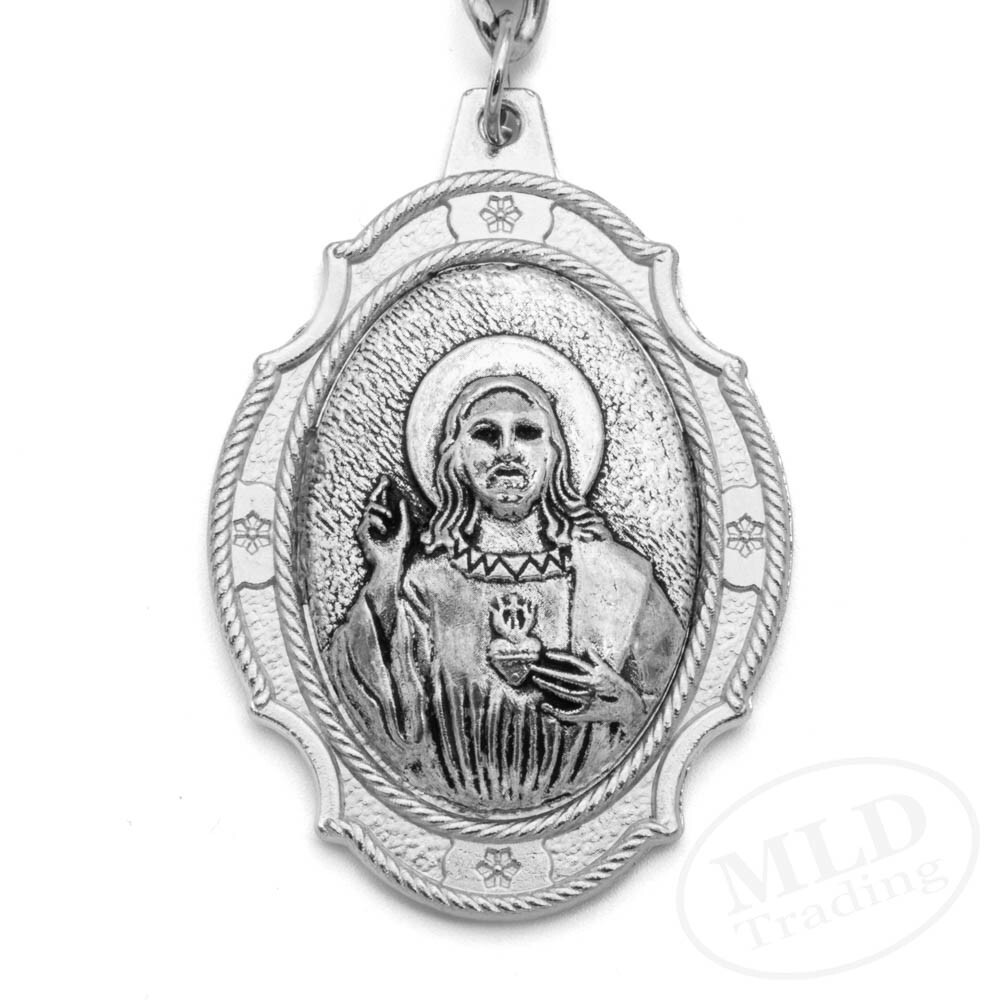 Sacred Heart Medal Keychain Large Silver Pendant Zinc Alloy Religious Key Ring