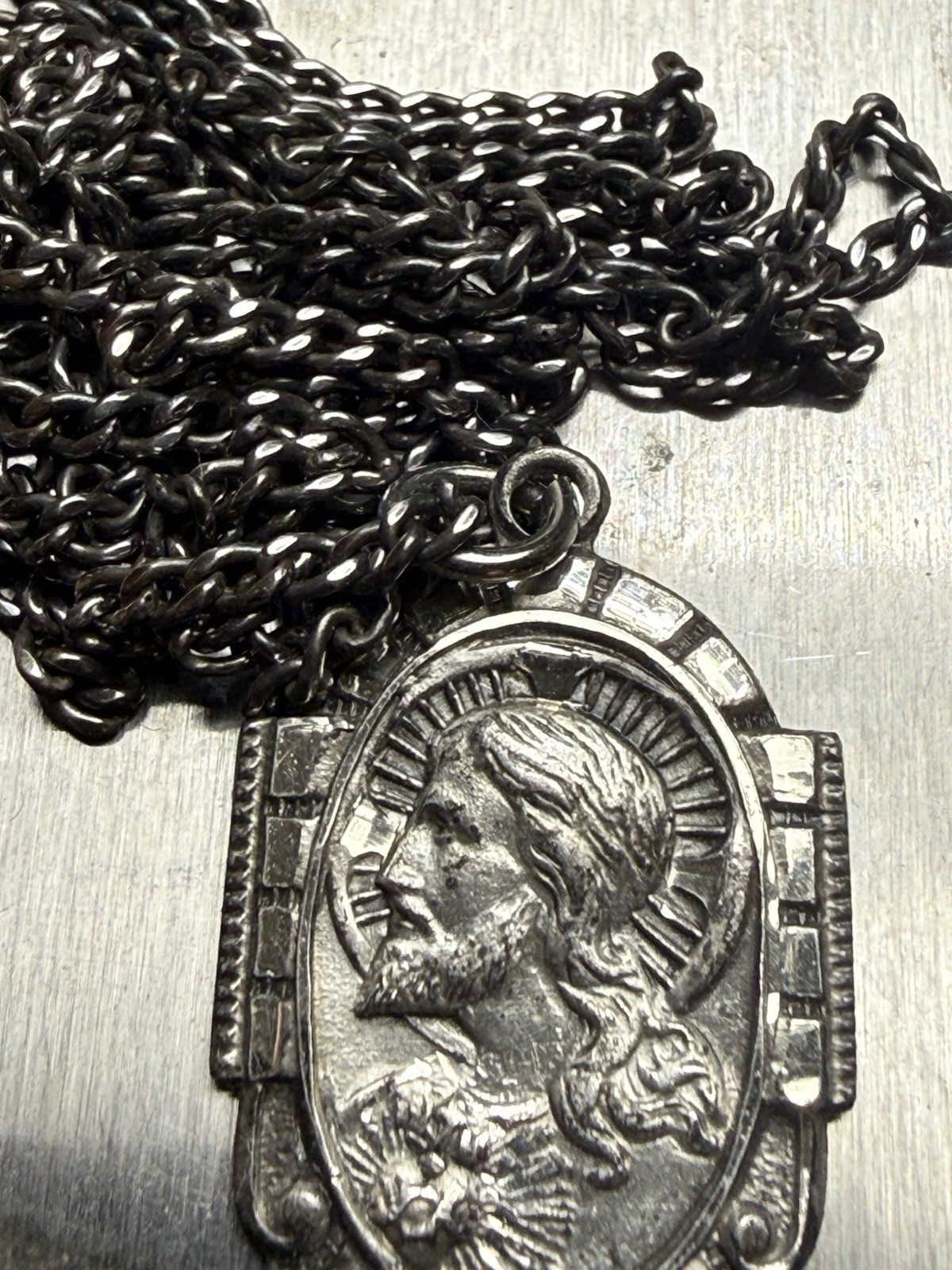 Vintage AFCO Sterling Silver 28” Necklace Sacred Heart of Jesus medal pendant