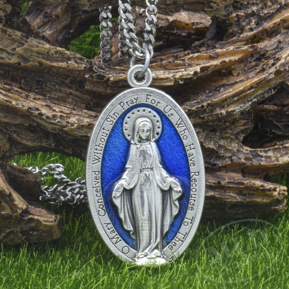 Large 1 3/4″ Blue Miraculous Medal Mary Pendant Necklace Italy w 24″ Curb Chain
