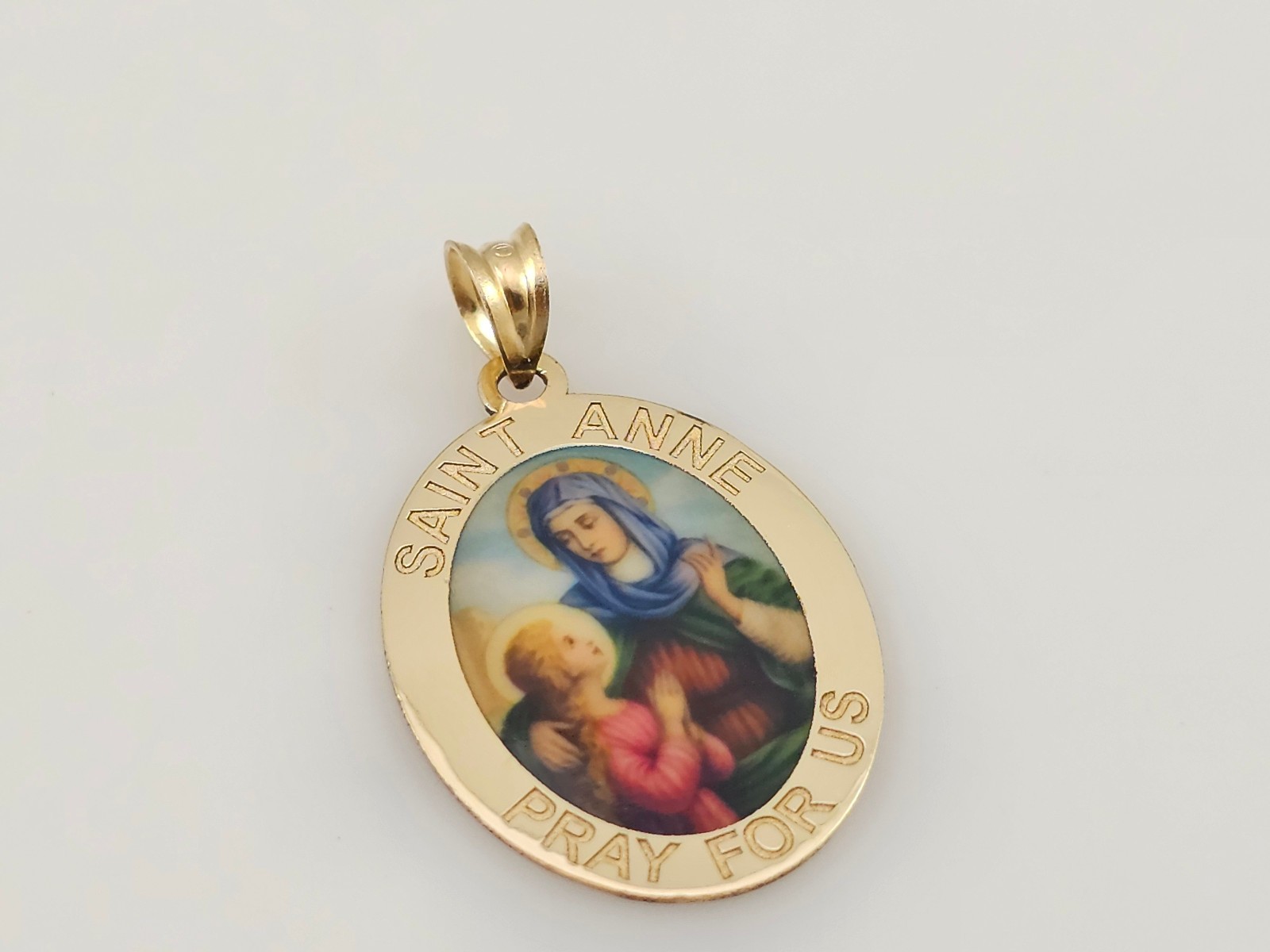 14K Yellow Gold St Anne Pray For Us Pendant Oval Engraved 1.8g Catholic Medal