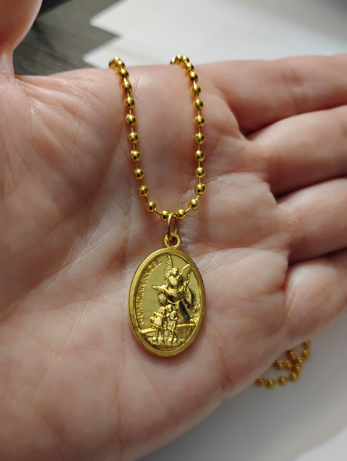 Gold St Michael+ Guardian Angel Medal Italy on 24″ Ball Chain + prayer card
