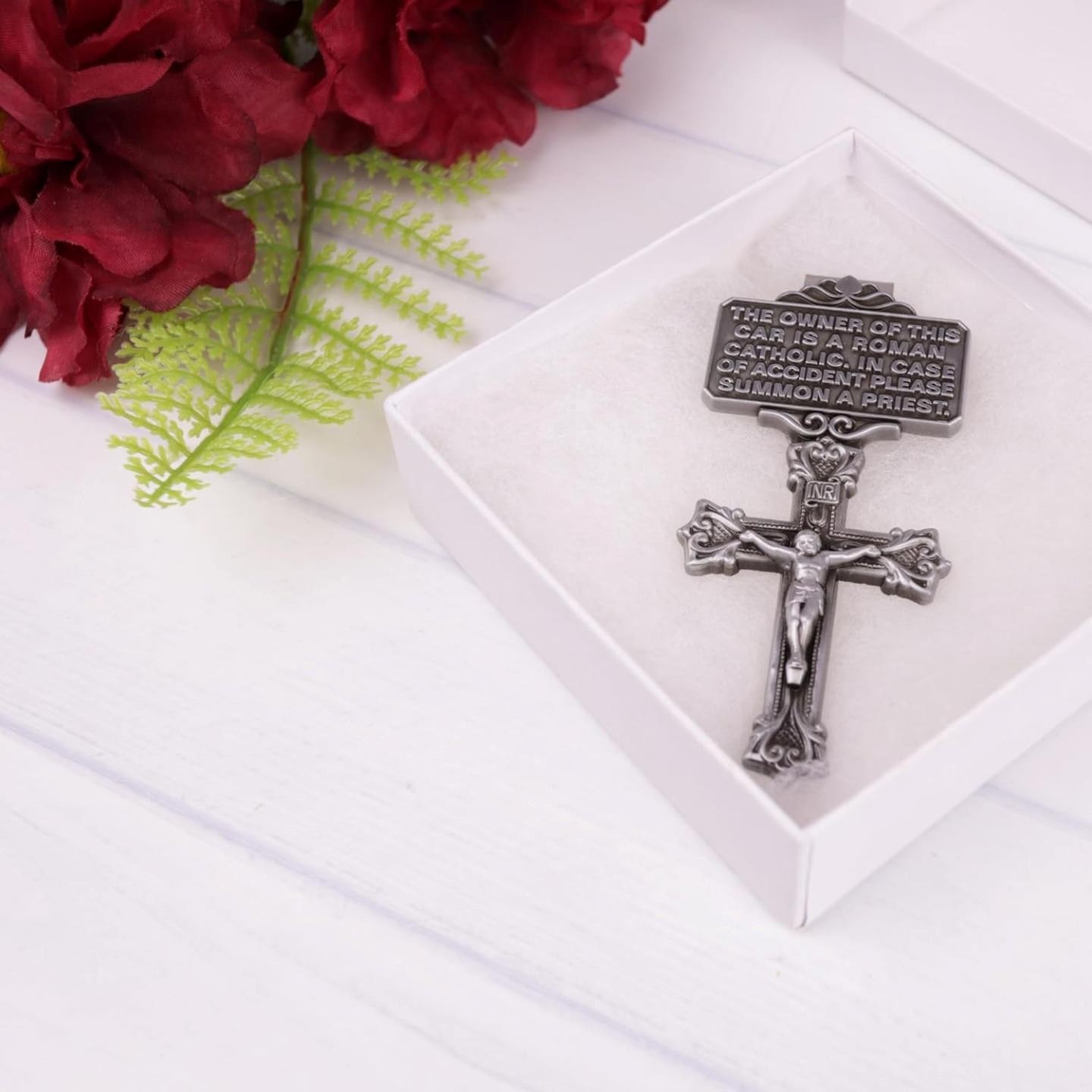 Needzo Catholic Visor Clip with Crucifix & Priest Message, 3 x 1.5 in Car Gift