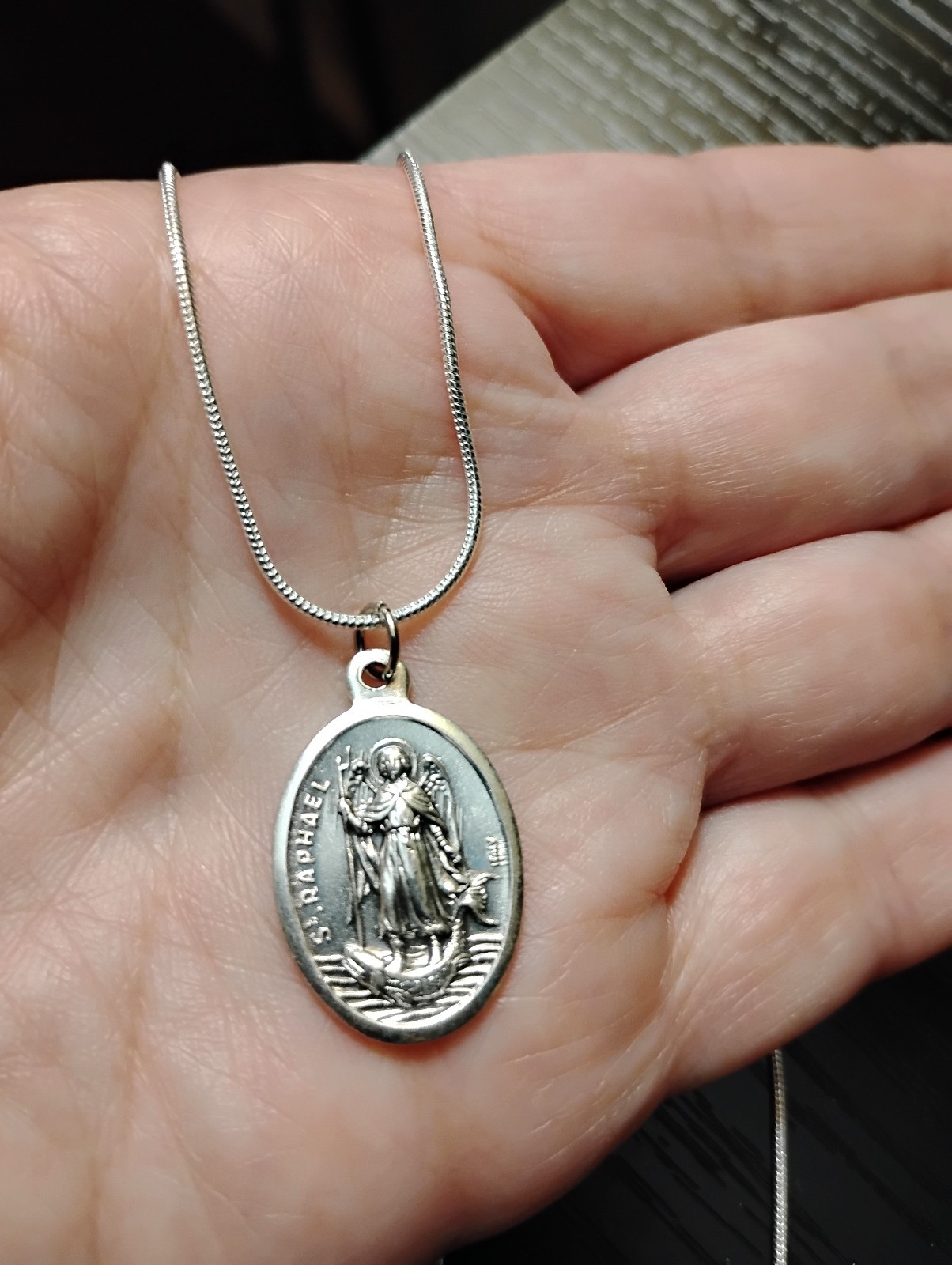 Italian Silver St Raphael Archangel Medal 925 sterling chain necklace holy card