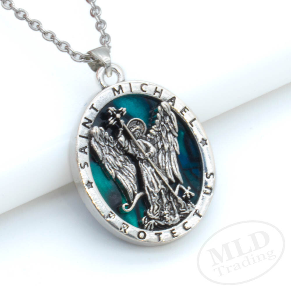Saint St Michael Pendant Necklace, Religious Protector Medal, Alloy, 18″ Chain