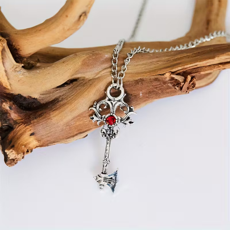 Axe Red Jewel Key Necklace Steampunk Gothic Goth Retro Pendant