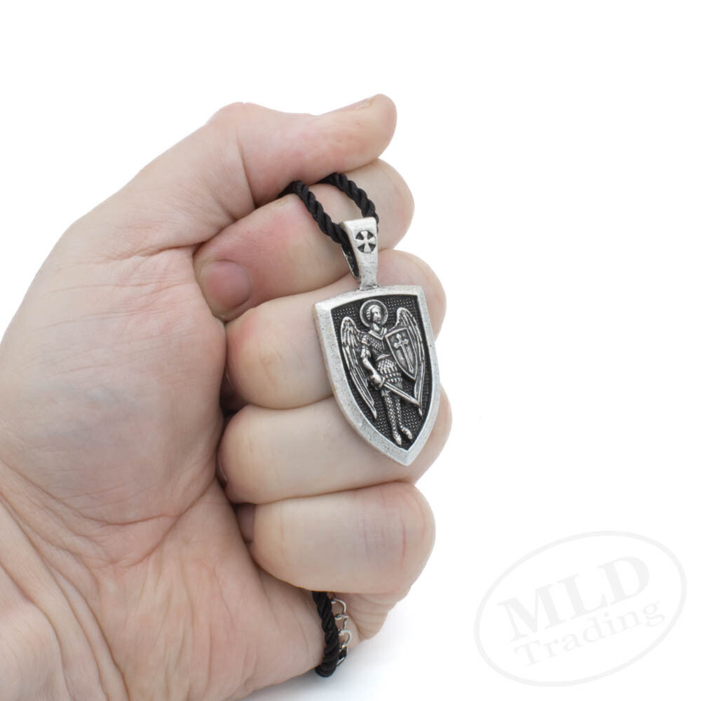 Saint St Michael Shield Medal Pendant Necklace, Antiqued Silver Zinc Alloy