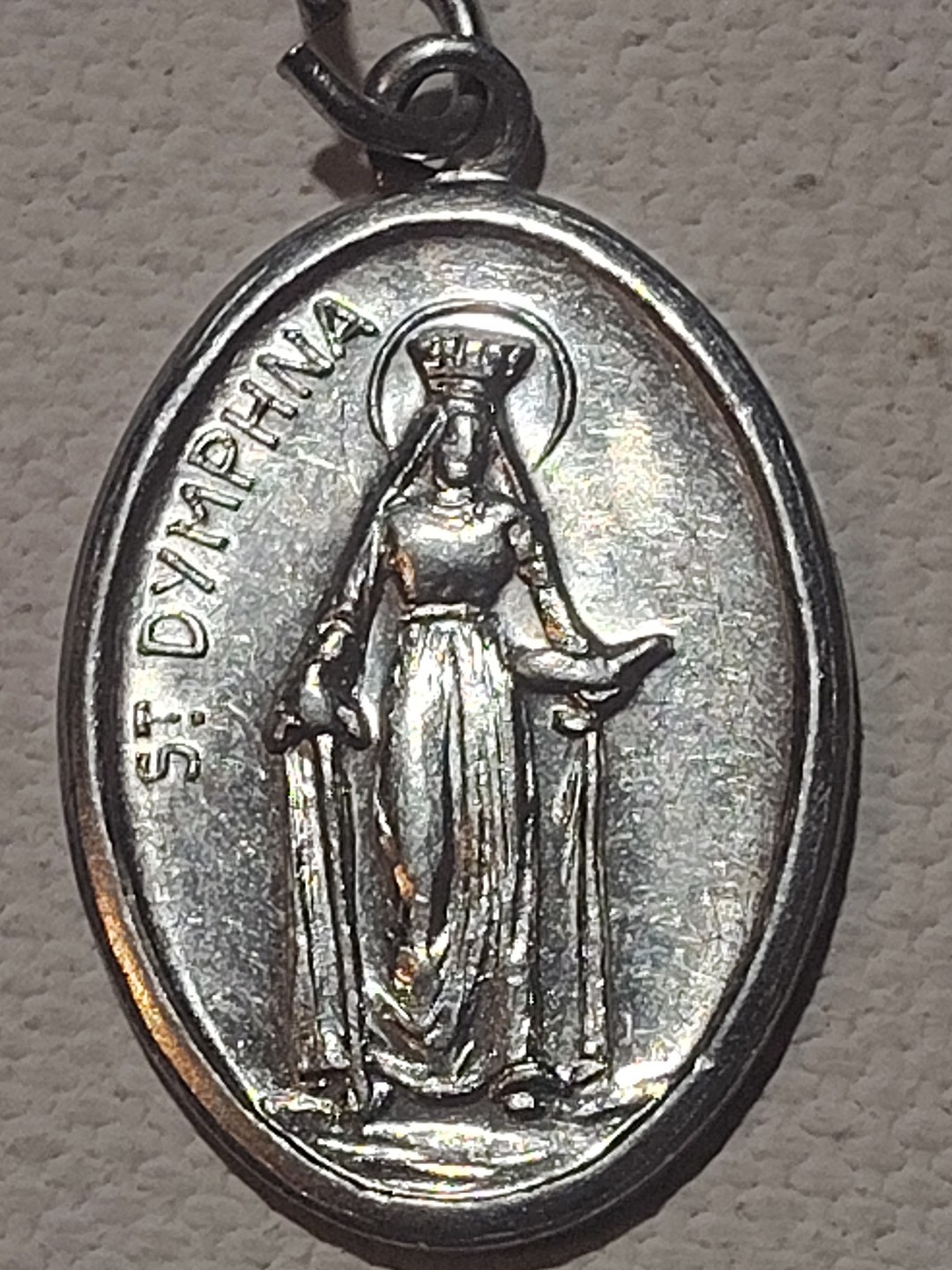 Vintage Saint Dymphna Pray For Us Catholic Holy Medal Pendant Silver Tone Italy
