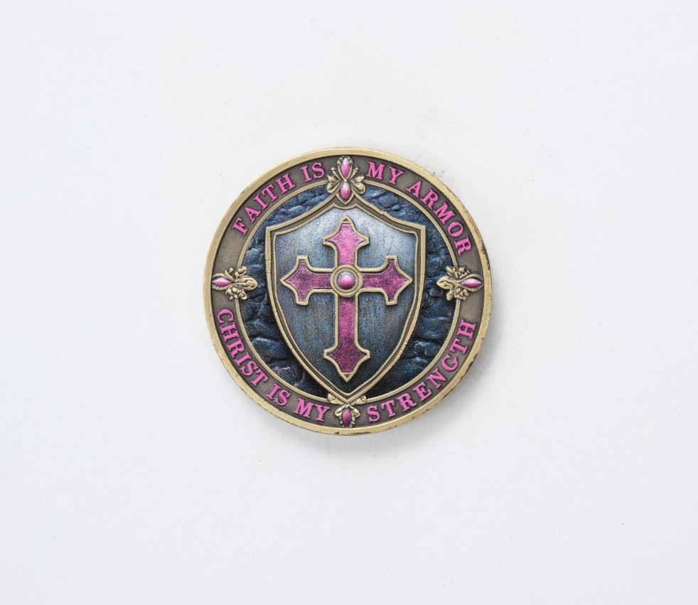 Pink Cross Christian Challenge Coin – Faith Is My Armor – Psalm 46: 1 Verse Coin