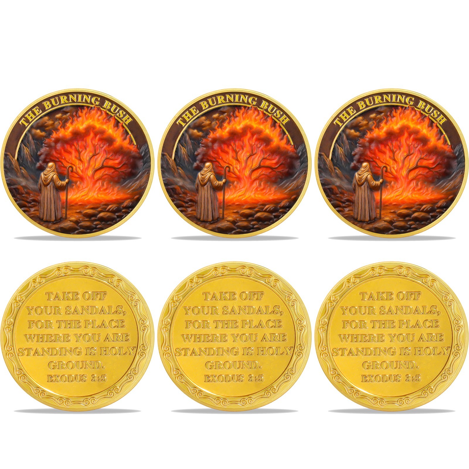 6pcs Christian Faith Coin Moses Holy Ground Burning Bush Exodus 3:5 Verse Tokens