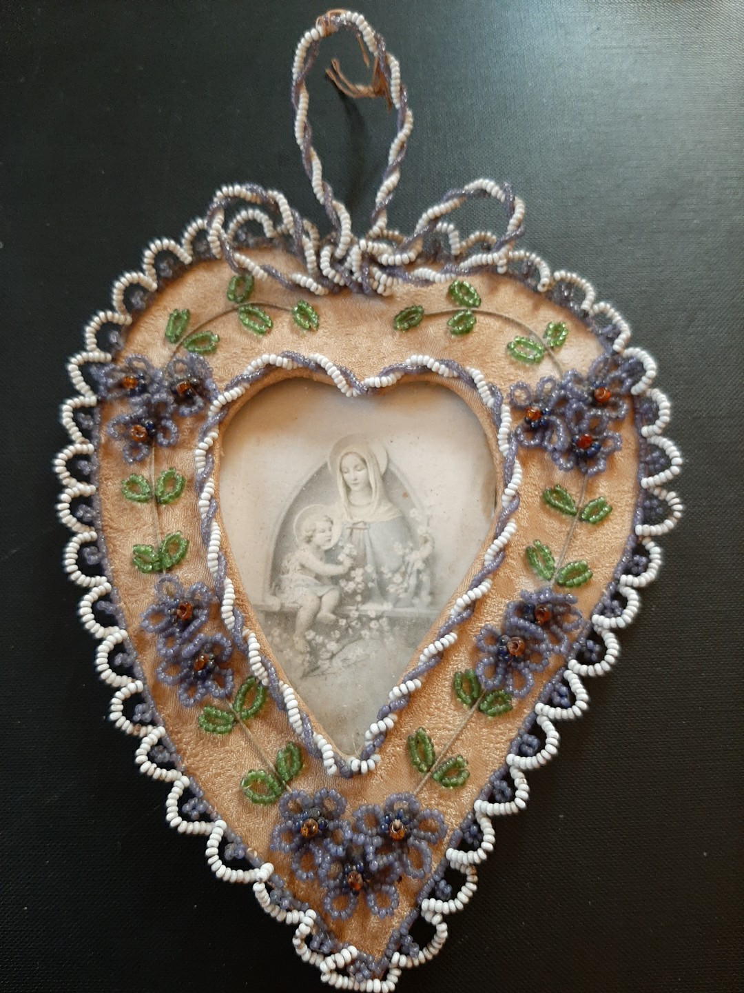 Antique Ex Voto Sacred Heart Rare Handwork Micro Beads Primi 900