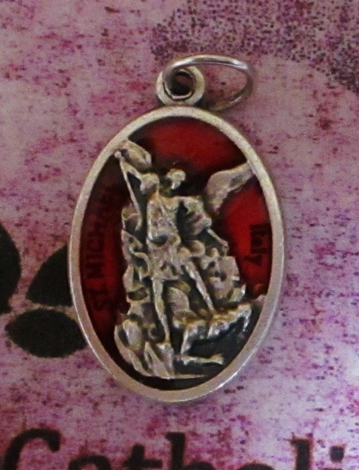 St. Saint Michael the Archangel – Red Enamel -Die-Cast Silver-tone OX 1″ Medal