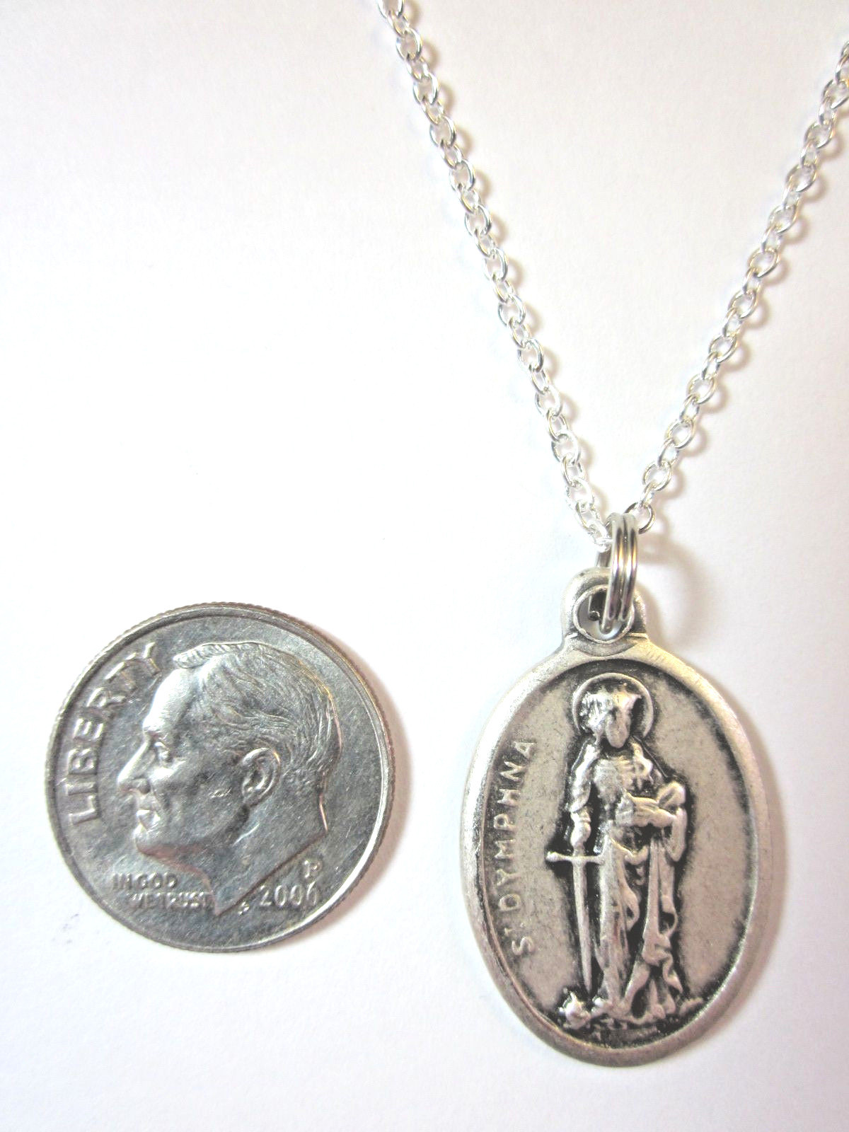 Ladies St Dymphna Medal Italy Pendant Necklace 20″ Chain Gift Box & Prayer Card