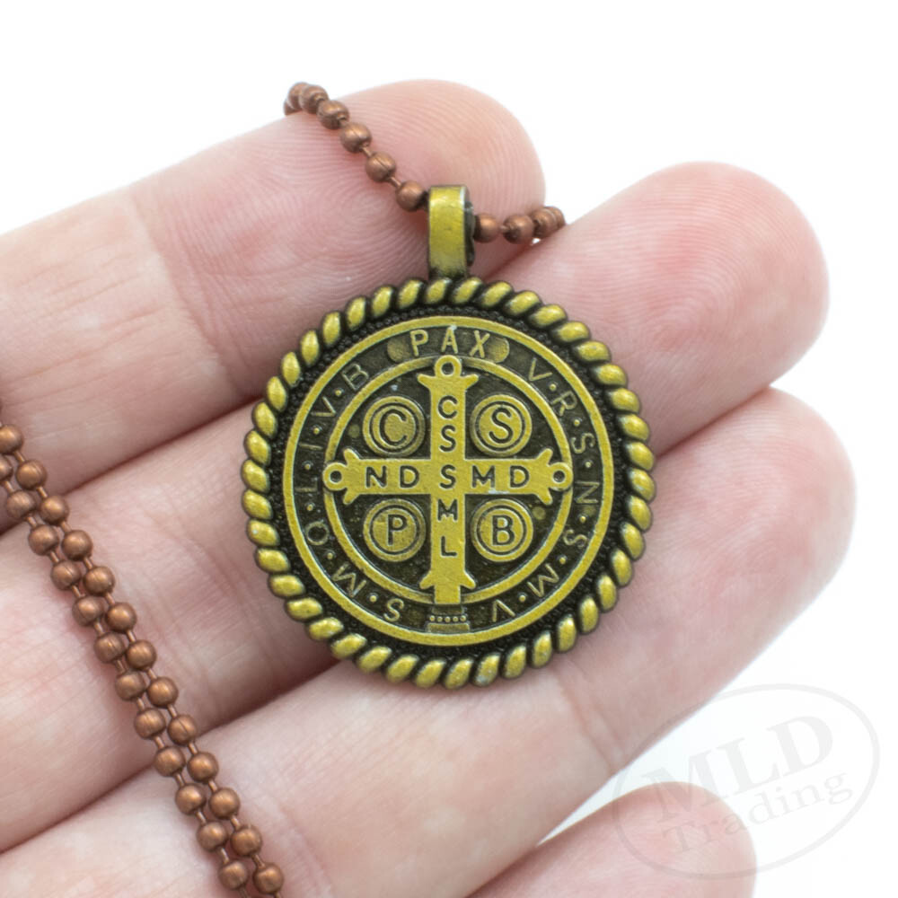 Knot Border Saint St Benedict Medal Pendant Necklace 24″ Ball Chain Gold Tone