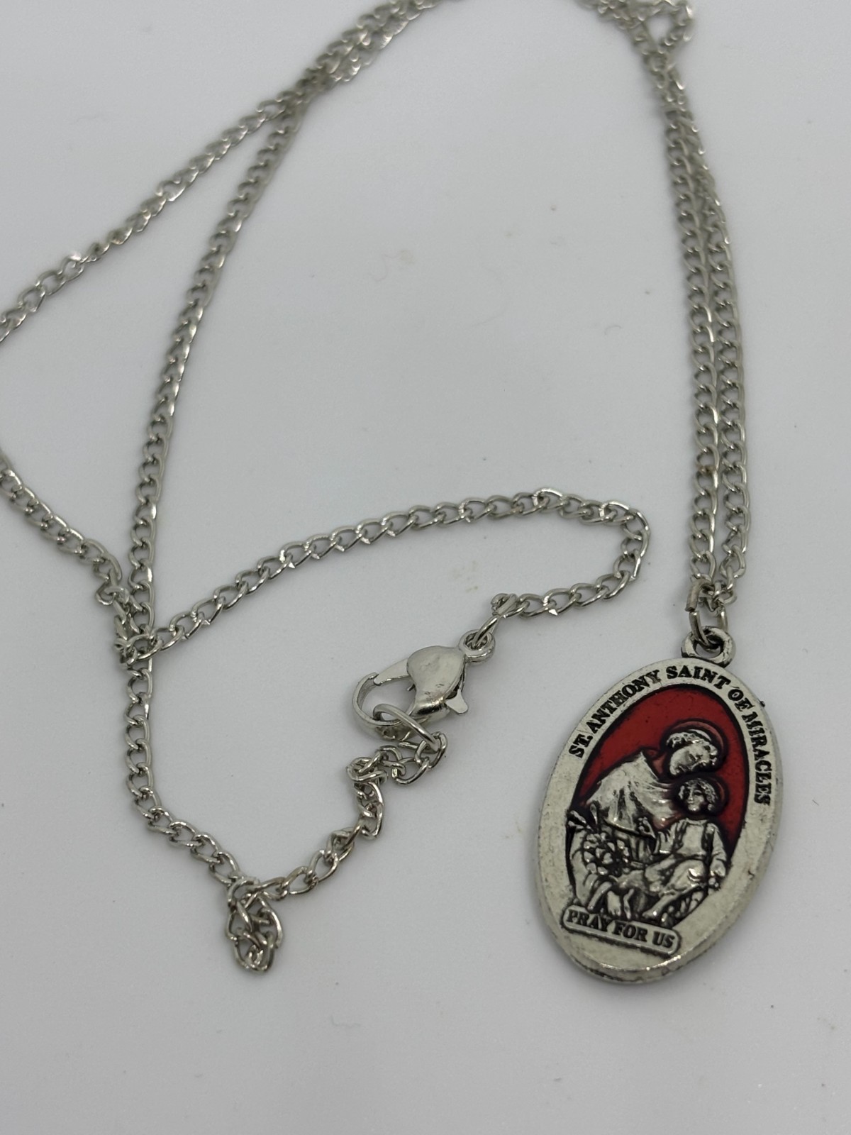 Vintage Catholic Red Enamel St Anthony Medal Pendant Pray For Us Necklace 20″