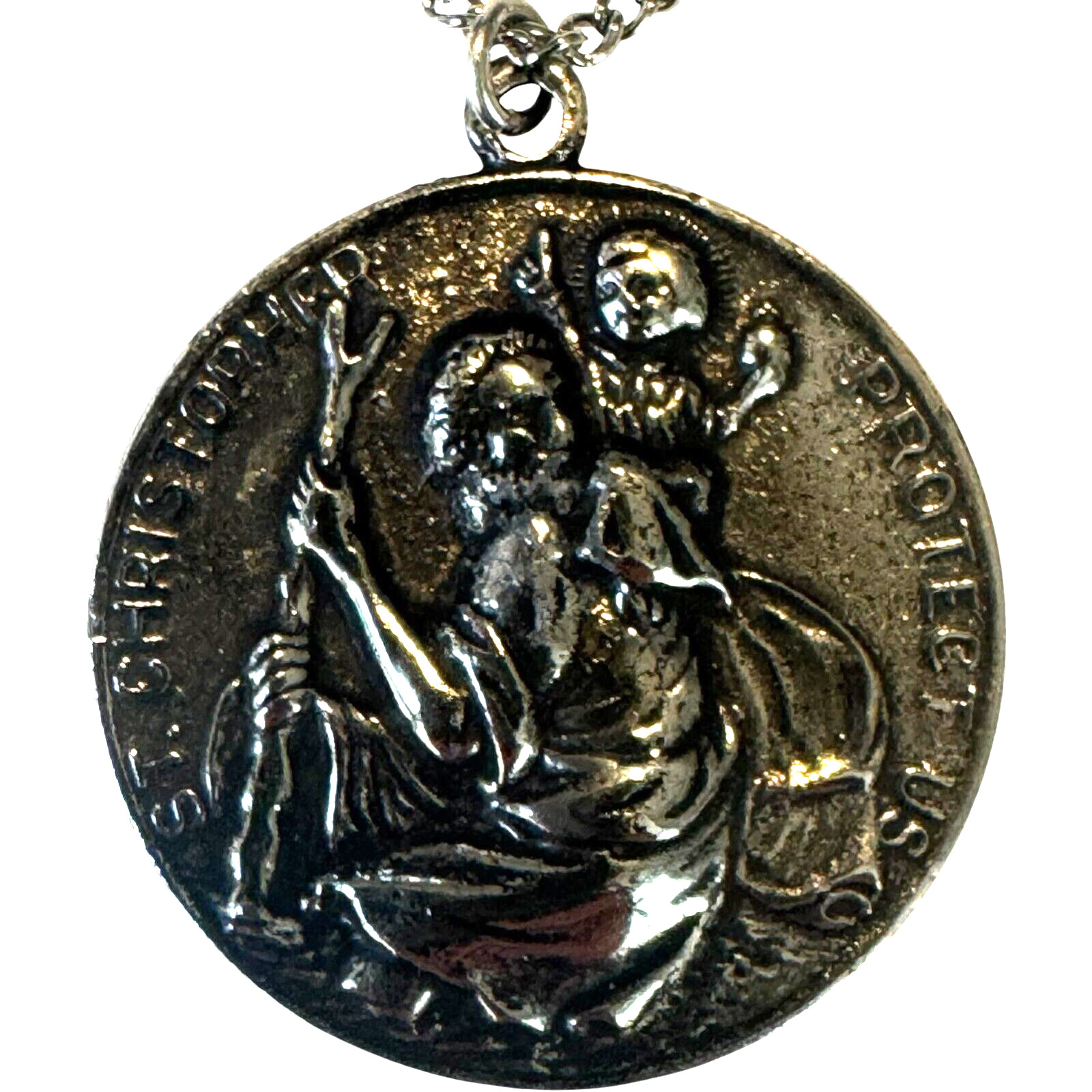Saint St Christopher Medal Protect Us Heavy Oval Style Large Pendant Necklace