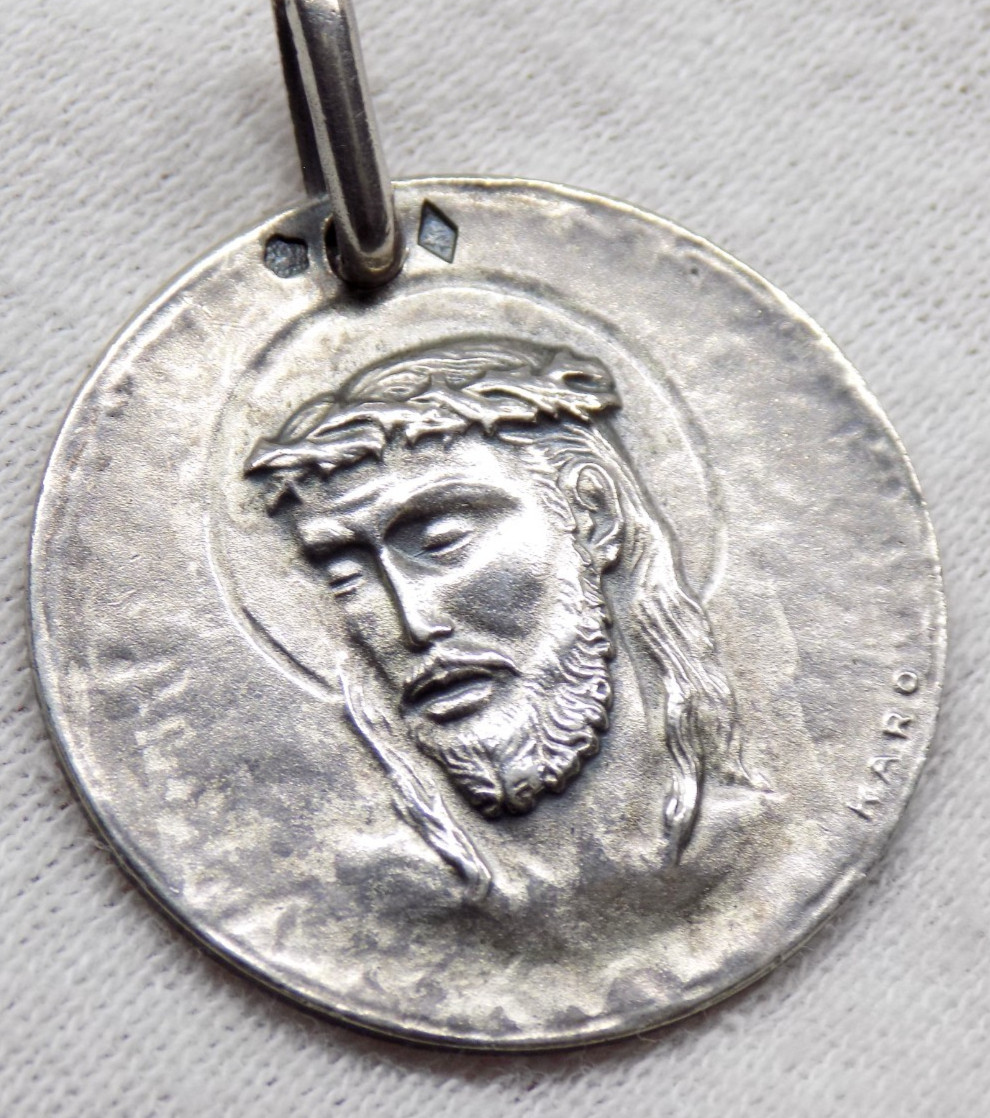 sterling silver france french signed karo Jesus w thorns medal pendant hallmarks